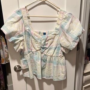 Old Navy Pastel Plaid Puff Sleeve Peplum Top